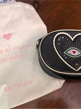 BUTRICH Black Heart Evil Eye Crossbody Bag with Gold Trim & Dustbag